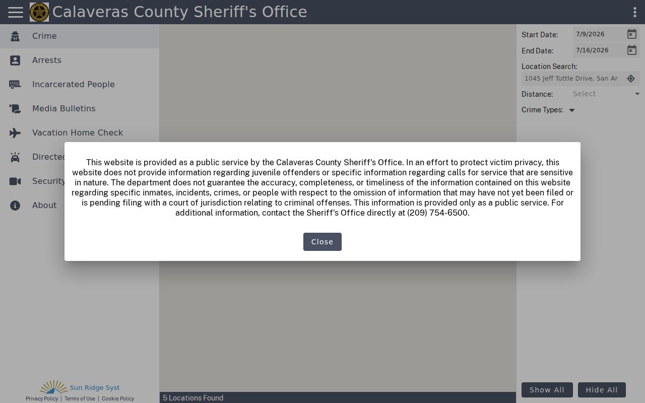 Calaveras County arrest history Citizen RIMS portal