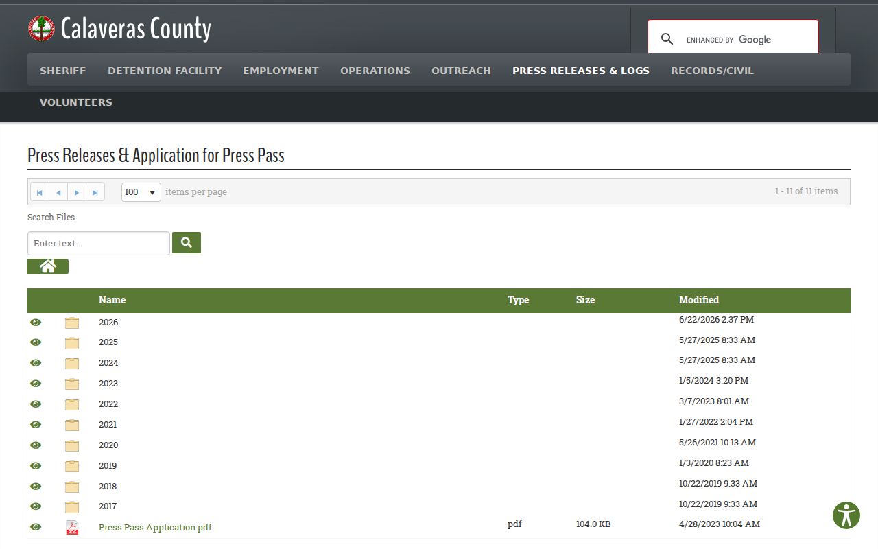 Calaveras County recent arrest and daily booking logs