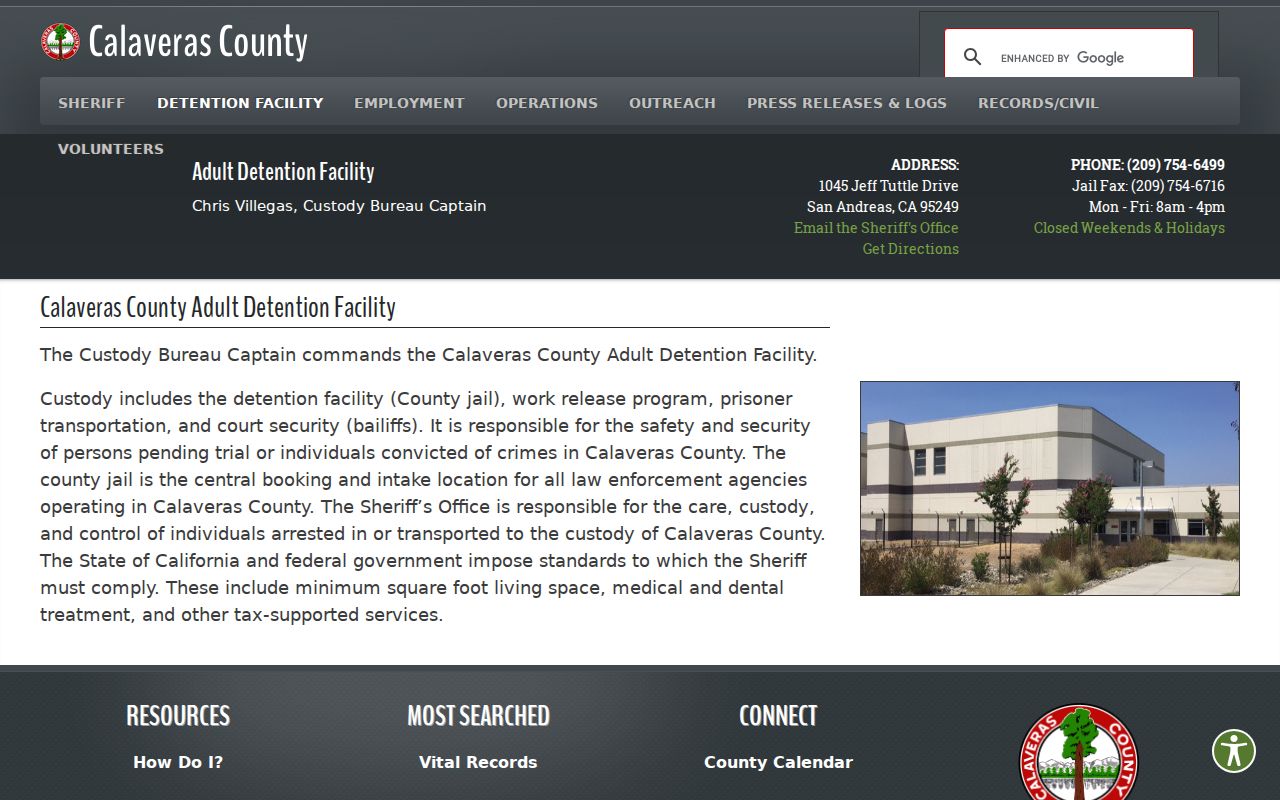 Calaveras County arrest booking at Adult Detention Facility