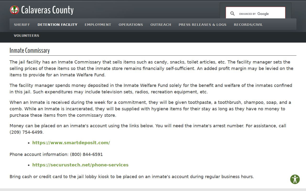 Calaveras County arrest number requirement for inmate accounts