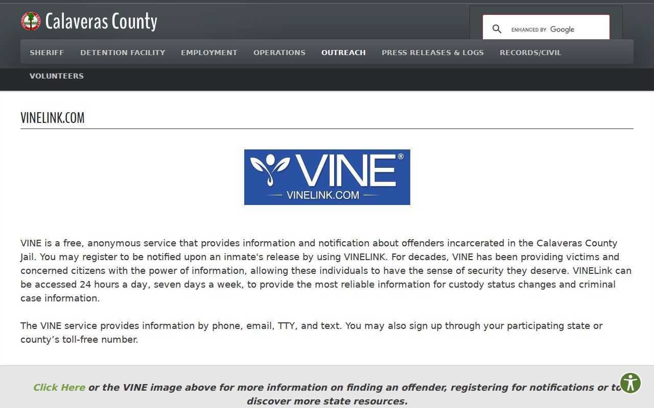 Calaveras County arrest custody notifications through VINE