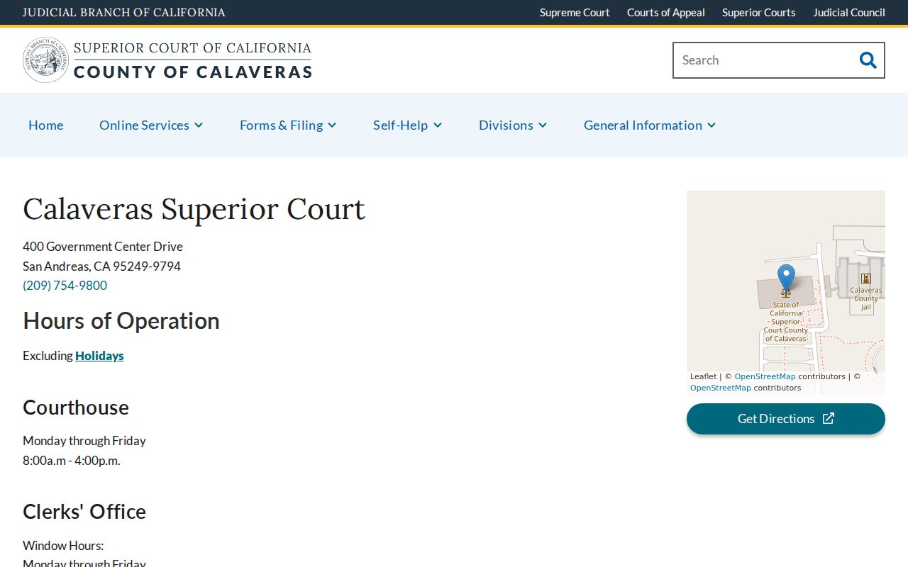 Calaveras County criminal court courthouse location and hours