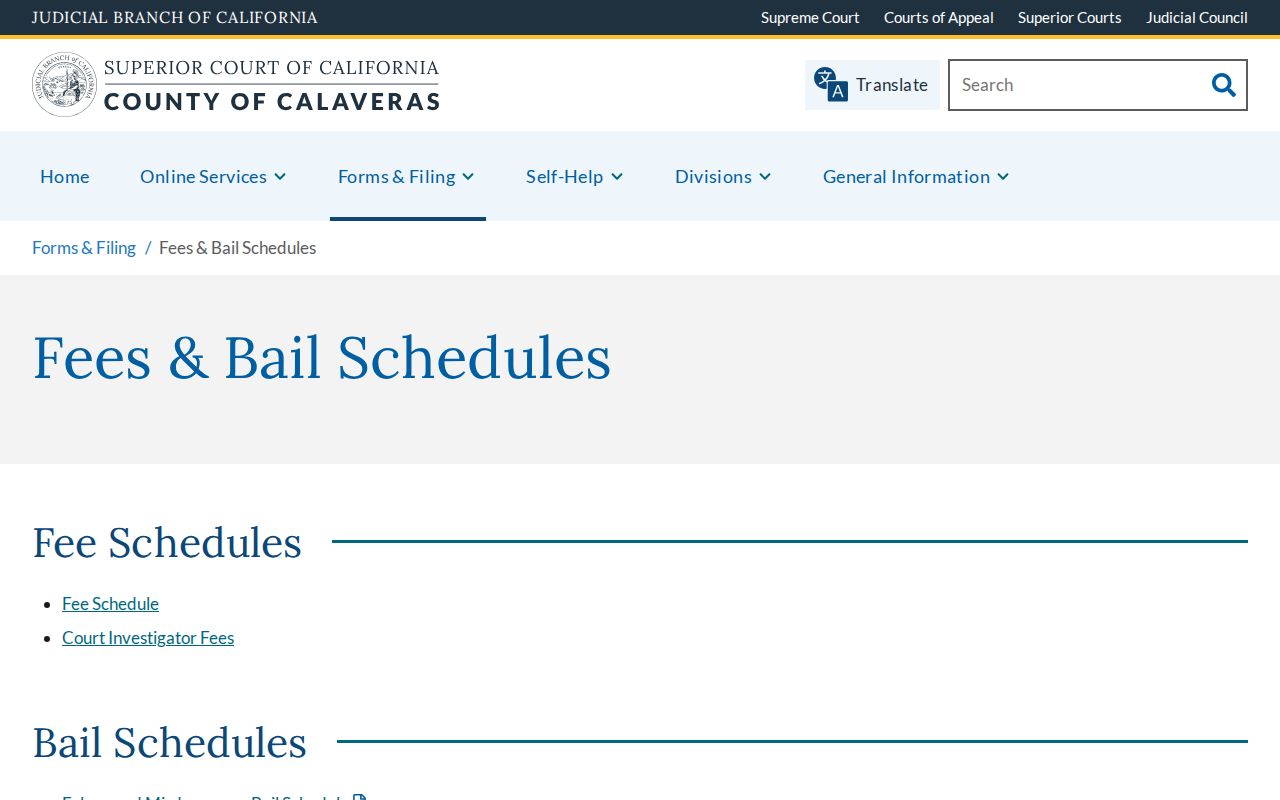 Calaveras County criminal court copy and certification fees