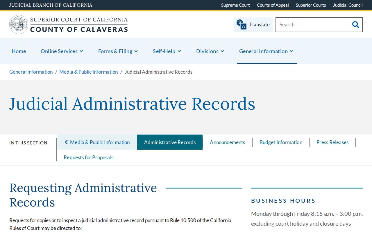Calaveras County court administrative records request instructions