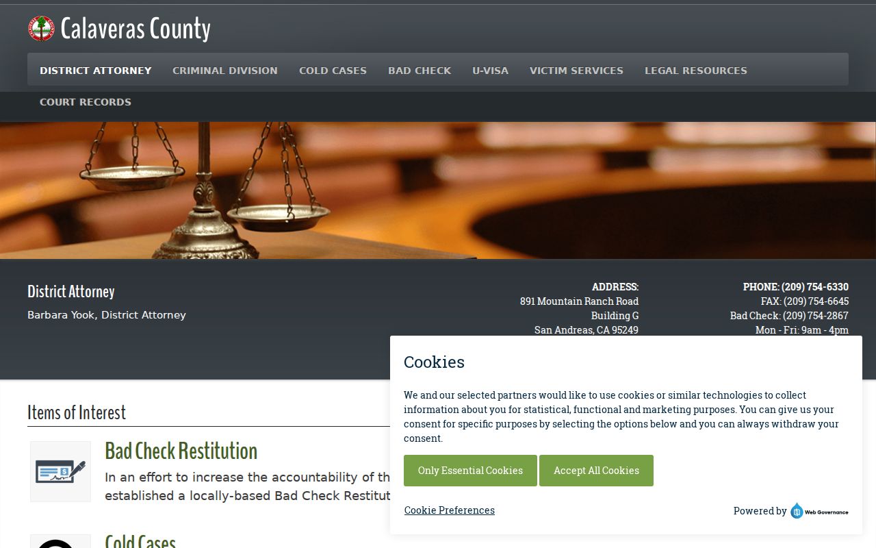 Calaveras County District Attorney criminal court office information