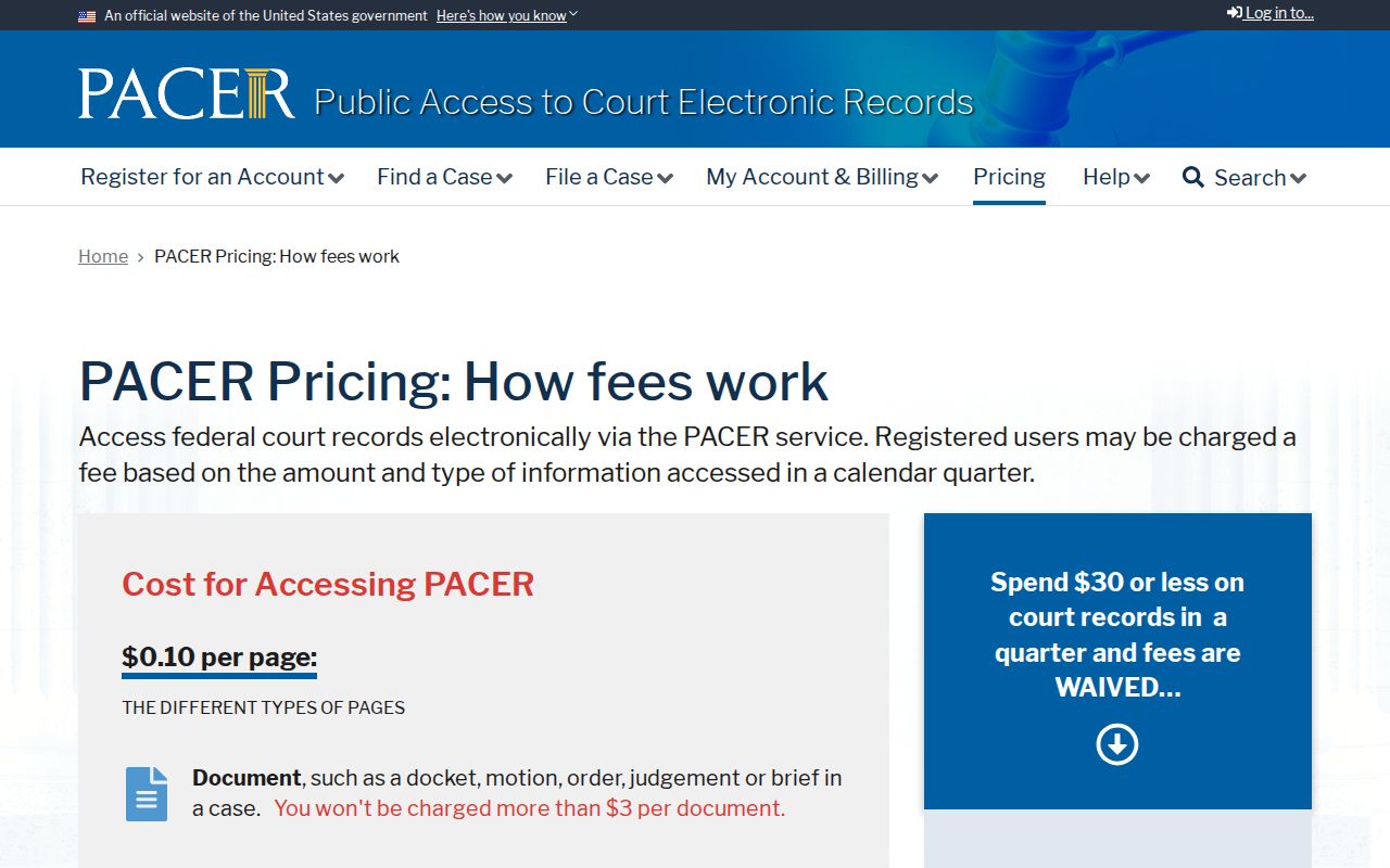 Federal PACER pricing for criminal cases from Calaveras County