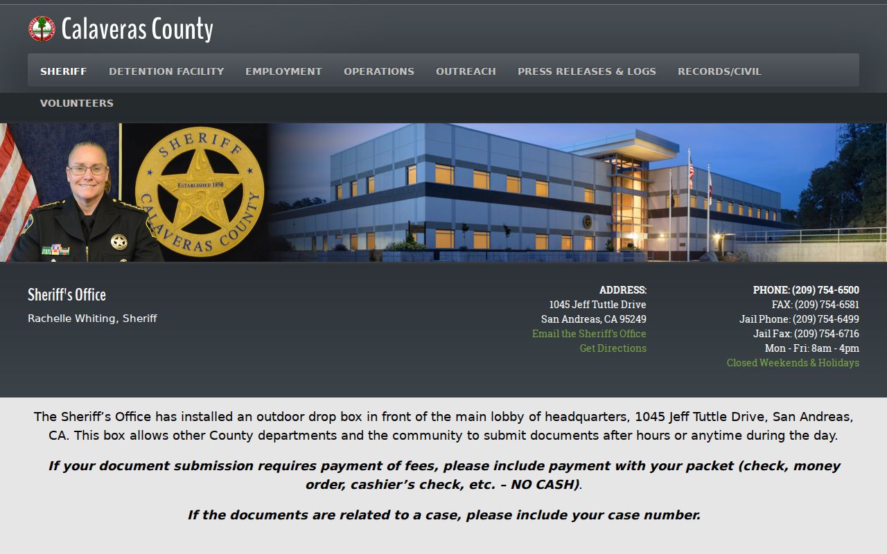 Calaveras County criminal history links on the sheriff homepage