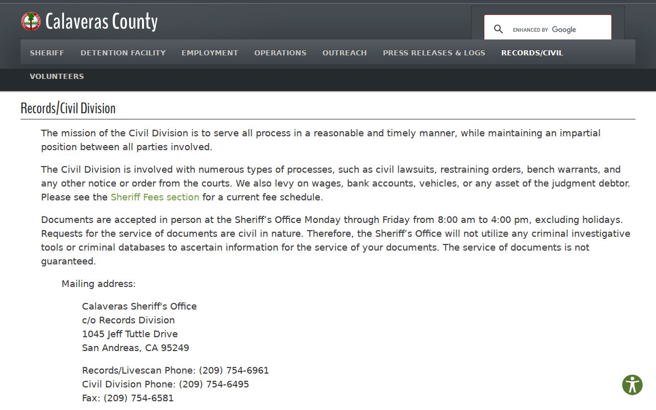 Calaveras County sheriff records and criminal history contact page