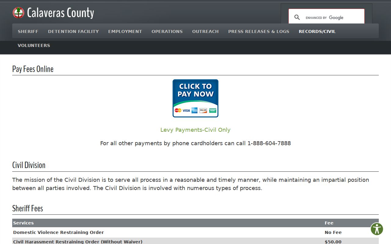Calaveras County criminal record and Live Scan fee schedule