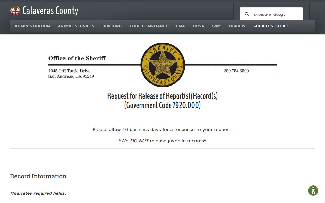 Calaveras County criminal records request form