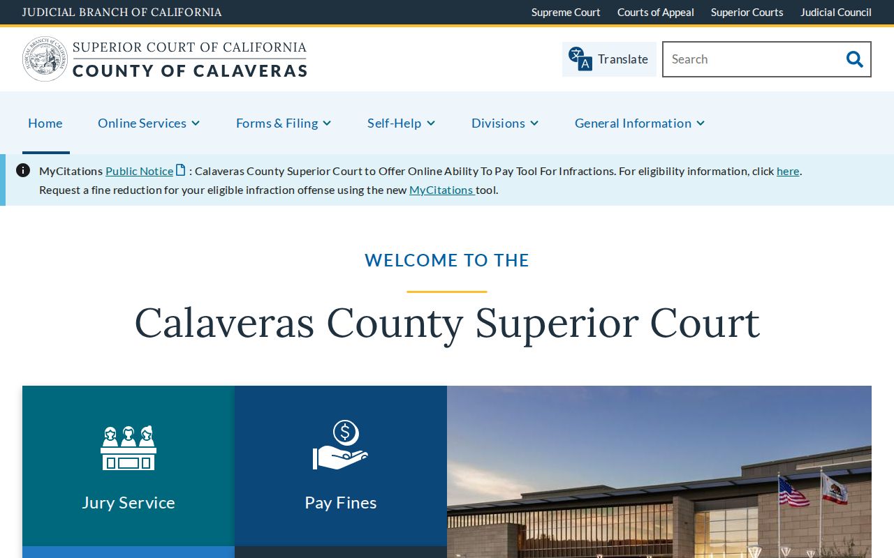 Calaveras Superior Court criminal history and case services homepage
