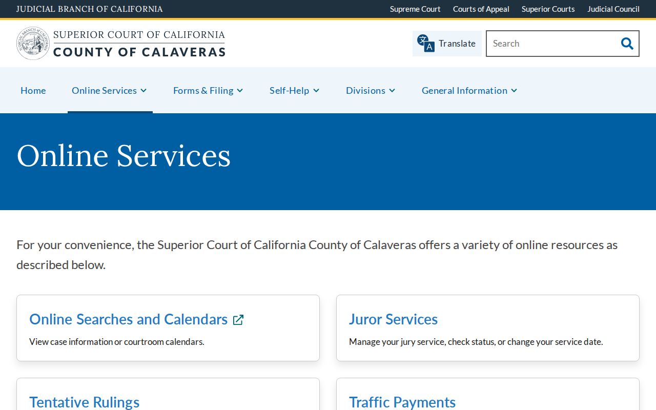 Calaveras County criminal case online services page