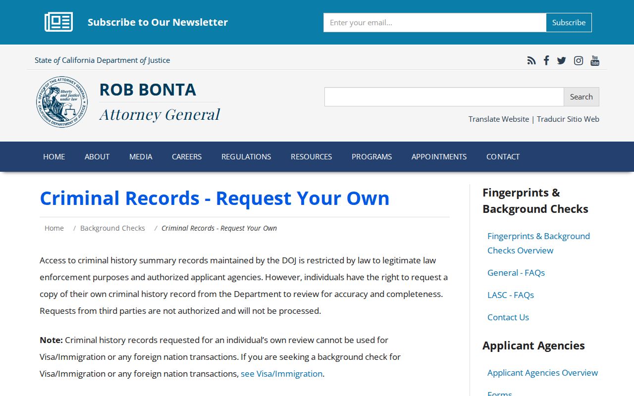 California DOJ Calaveras County criminal history record review instructions
