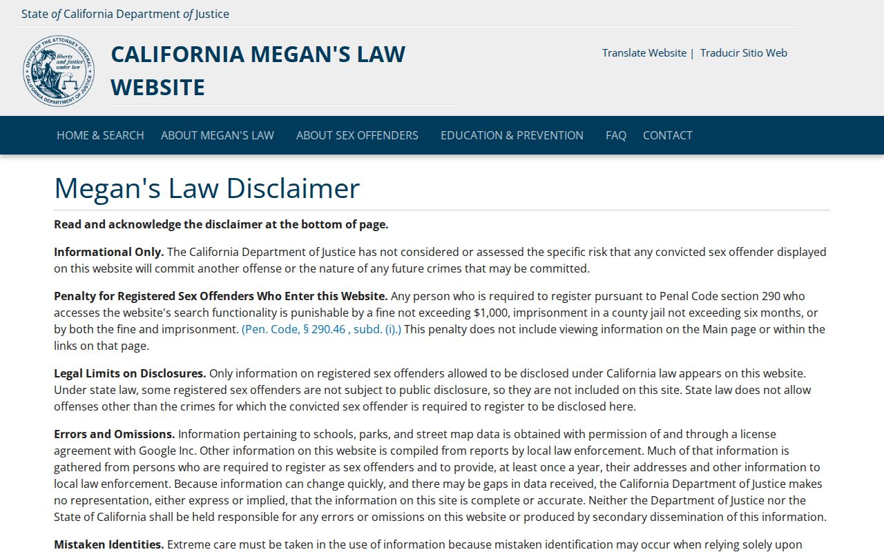 Calaveras County sex offender check on California Megan's Law search