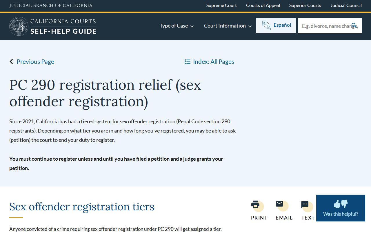 Calaveras County sex offender registration relief and tier information
